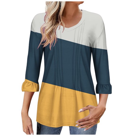 LEBONYARD Womens Shirts Long Sleeve,Women's 3/4 Bell Shaped Sleeve Top Pleated V-neck Loose Fitting Dress Casual Shirt Trend Ruffle Sleeve Top Navy S
