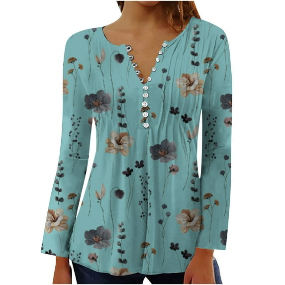 LEBONYARD Womens Shirts Short Sleeve Clearance,Women Fashion Summer Sexy Fold Printed Regular Women Long Sleeves V Neck Button Blue L