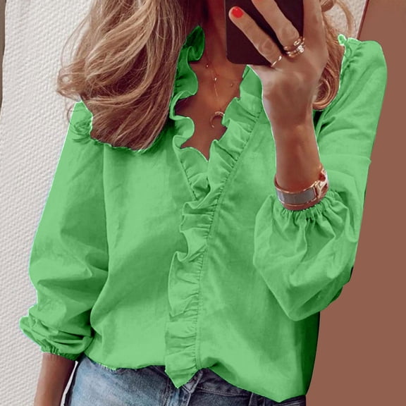 LEBONYARD Womens Shirts under $5,Women Casual Full Sleeve V-Neck Tops Loose Shirts Plus Size Women Clothing Green S