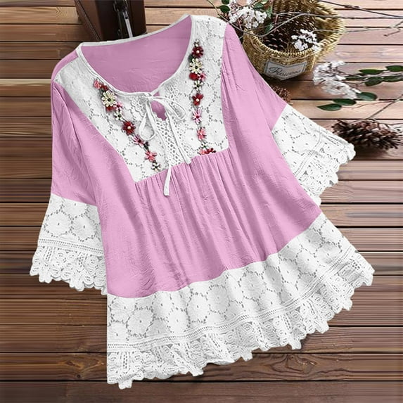 LEBONYARD Womens Shirts under $5,Women Vintage Lace Patchwork Bow V-Neck Three Quarter Blouses T-Shirt Purple XXXL