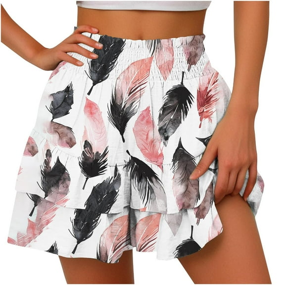 LEBONYARD Womens Shorts Clearance $5,Women's Shorts with Fun Prints,Women's Summer Solid Color High Waisted Shorts with Floral Pleated Hem Casual Shorts White S
