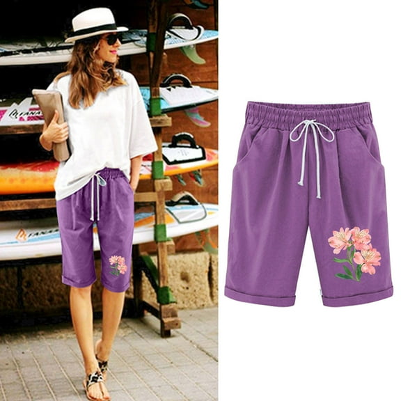 LEBONYARD Womens Shorts Clearance,Women's Shorts for a Fresh and Modern Style,Women's Elastic Waist Printing Drawstring Shorts Purple S