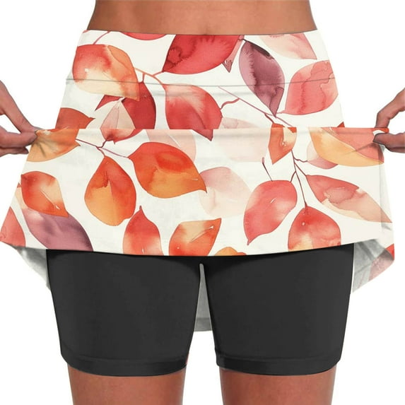 LEBONYARD Womens Shorts Clearance,Women's Trendy Yoga Skirt with Built-in Shorts,Women's Summer Leaf Print Pleated Tennis Skirts Stretchy Yoga Fake Two Piece Shorts Skirt Orange XXL