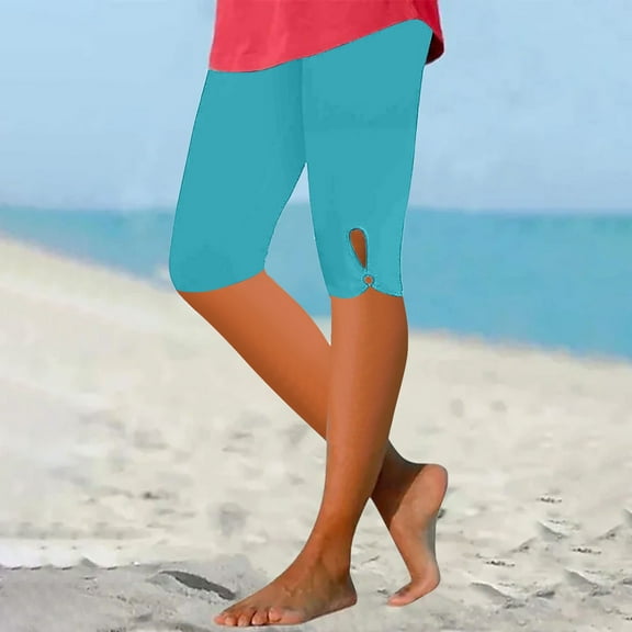 LEBONYARD Womens Shorts Dressy Casual summer fall,Women's Summer High Waisted Solid Color Capris Matching Slim Fitting Yoga Gym Pants Sky Blue M