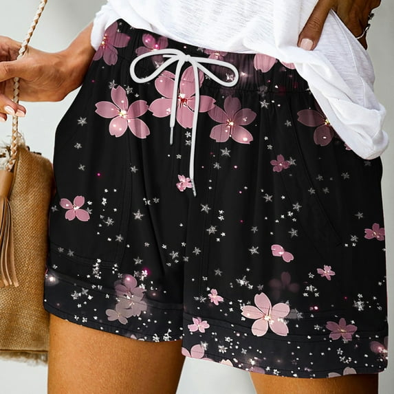 LEBONYARD Womens Shorts Plus Size,Women's Shorts in Popular and Trendy Colors,Women Summer Printed Lace Up Elastic Pocket Casual Shorts Black M