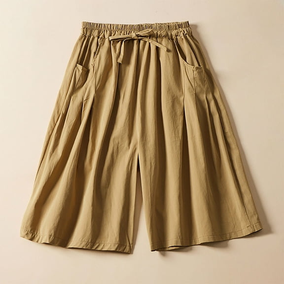 LEBONYARD Womens Shorts Summer Plus Size,Women's Casual Solid Color Loose Leg Pants with Elastic Waist and Five Point Shorts Khaki M