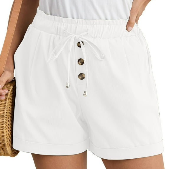 LEBONYARD Womens Shorts with Pockets,Women's Linen Shorts Solid Color Comfortable Elastic Wide Leg Casual Shorts White S