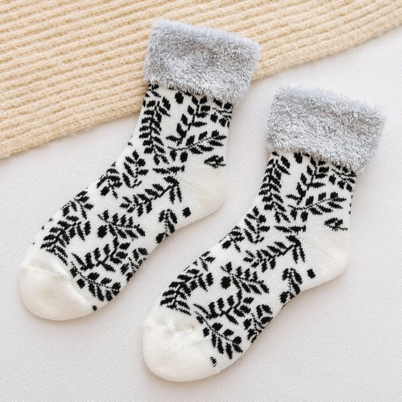 LEBONYARD Womens Socks Crew,Ski Socks Thickened and Velvet Winter Warm Floor Socks Christmas Socks White