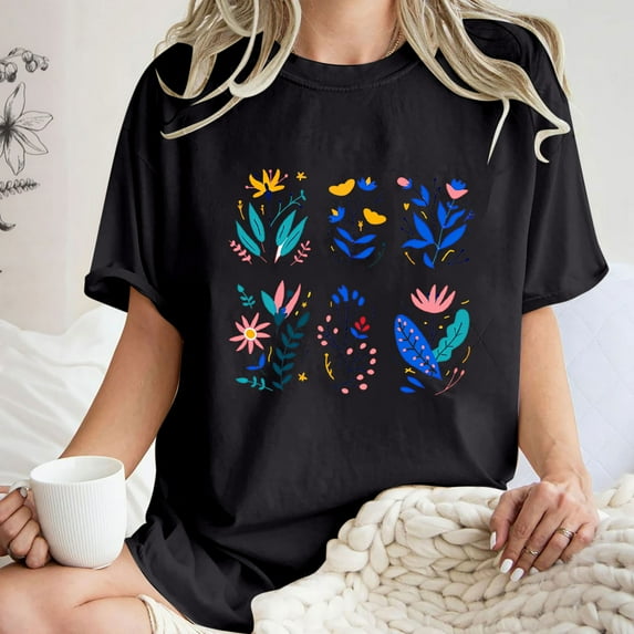 LEBONYARD Womens Summer Clothes,Tops for Women Trendy Summer fashion deals,Women's Fashion Summer Round Neck Drop Sleeves Leisure Short Sleeve Flower Printing Tops Black S