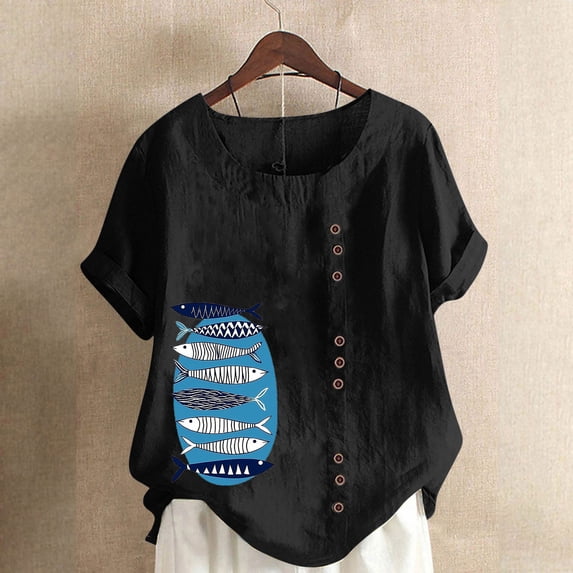 LEBONYARD Womens Summer Clothes,Womens Shirts Short Sleeve new trendy,Women Casual Cotton and Linen Top Ocean Fish Printed Short Sleeve Button Tunic T-shirt Blouse Tops Black XXXL