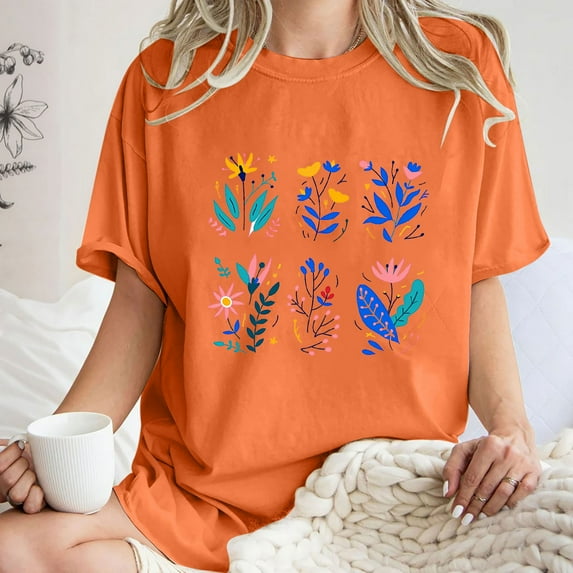 Summer Tops for Women LEBONYARD Womens Summer Clothes,Womens Tops Trendy fashion deals,Women's Fashion Summer Round Neck Drop Sleeves Leisure Short Sleeve Flower Printing Tops Orange M