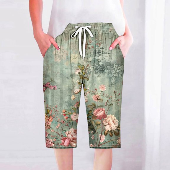 LEBONYARD Womens Summer Shorts Clearance under $10,Women's Shorts with Fun Prints,Women Shorts Casual Pants Straight Leg Drawstring Elastic Waist Loose Comfy Pants with Pockets Green XXL