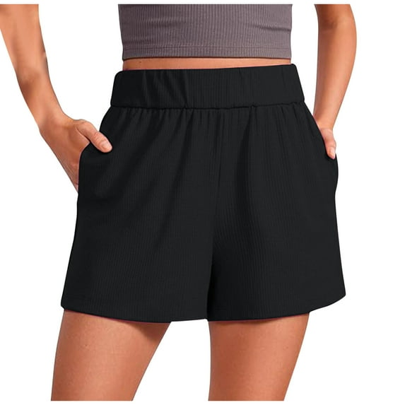 LEBONYARD Womens Summer Shorts Plus Size,Women's Shorts in Soft Fabrics,Women's Summer Solid Ribbed Casual Knitted Elastic Waist Sports Shorts with Pockets Black S