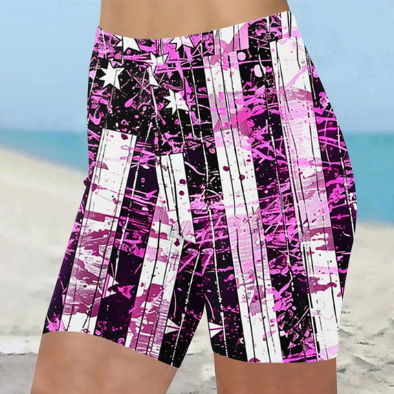 LEBONYARD Womens Summer Shorts with Pockets,Women's Shorts for a Casual and Comfortable Outfit,Women's Independence Day High-waisted Summer Print Leggings Beach Shorts Purple XXXL