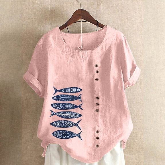 LEBONYARD Womens Summer Tops,Tops for Women Trendy Sexy up to 50% off,Women Casual Cotton and Linen Top Ocean Fish Printed Short Sleeve Button Tunic T-shirt Blouse Tops Pink XXL
