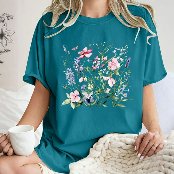 LEBONYARD Womens Summer Tops Clearance under $5,Tops for Women Trendy Sexy up to 50% off,Women's Fashion Summer Round Neck Drop Sleeves Leisure Short Sleeve Flower Printing Tops Blue L