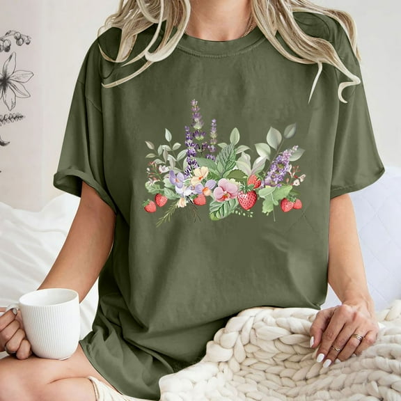 Tops for Women Trendy LEBONYARD Womens Summer Tops Loose Fit,Women's Fashion Summer Round Neck Drop Sleeves Leisure Short Sleeve Flower Printing Tops Army Green S