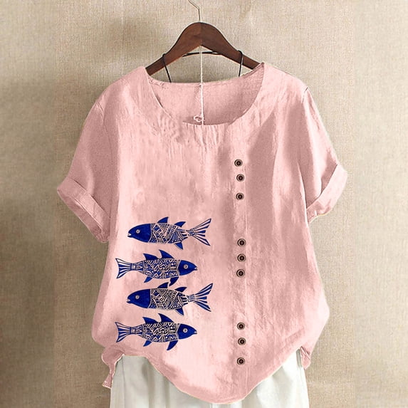 Spring Tops for Women 2025 LEBONYARD Womens Summer Tops Loose Fit,Tshirts for Women Round Neck,Women Cotton and Linen Top Ocean Fish Printed Short Sleeve Button Tunic T-shirt Blouse Tops Pink XXXXXL