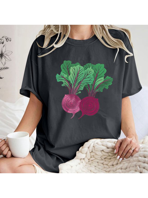 Womens Summer Tops Shirts,Womens Tops Summer 2024 summer saving,Women's Fashion Summer Round Neck Drop Sleeves Leisure Short Sleeve Fruit Printing Tops Dark Gray M