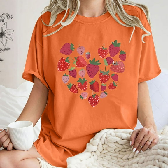 LEBONYARD Womens Summer Tops with Sleeves,Summer Shirts for Women spring,Women's Fashion Summer Round Neck Drop Sleeves Leisure Short Sleeve Fruit Printing Tops Orange S