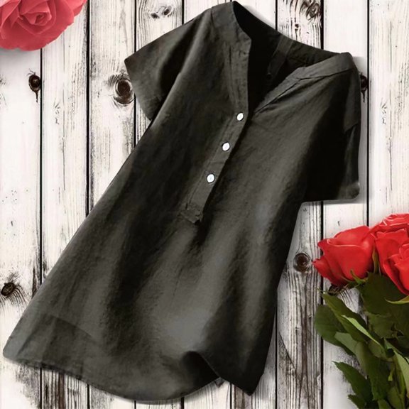 LEBONYARD Womens Summer Tops Tops for Women Trendy summer saving,Women's V-Neck Short Sleeve Loose Button Cotton and Linen Tunic Shirts Summer Shirts Blouse Dark Gray S