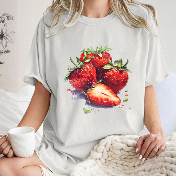 LEBONYARD Womens Summer Tops with Sleeves,Women's Fashion Summer Round Neck Drop Sleeves Leisure Short Sleeve Fruit Printing Tops White L