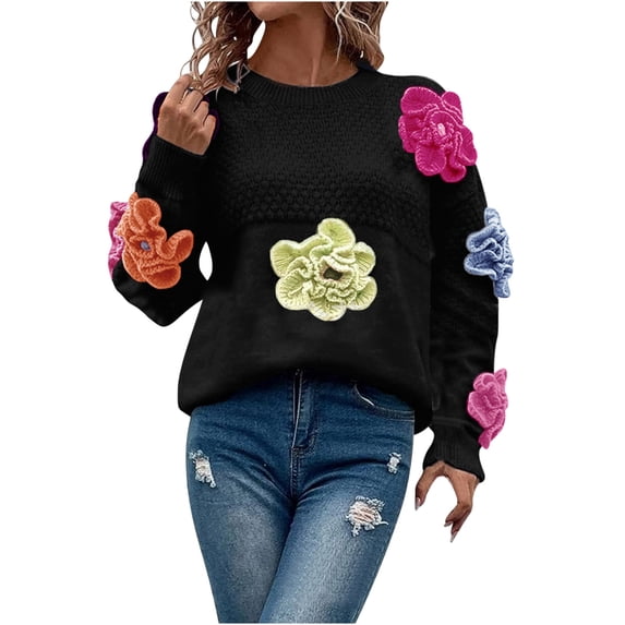 LEBONYARD Womens Sweaters Clearance under $5,Women's Fashionable and Personalized Three-dimensional Flower Pullover Long Sleeved Knitted Sweater Black Free Size