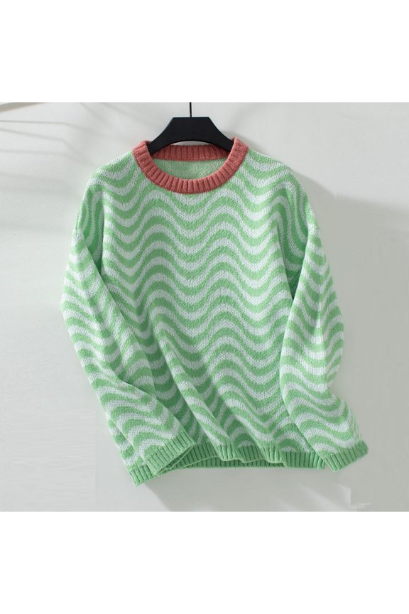 Womens Sweaters Clearance Sales,Women's Winter Loose Wave Striped Knitted Sweater Long Sleeve Round Neck Sweater Top Green L