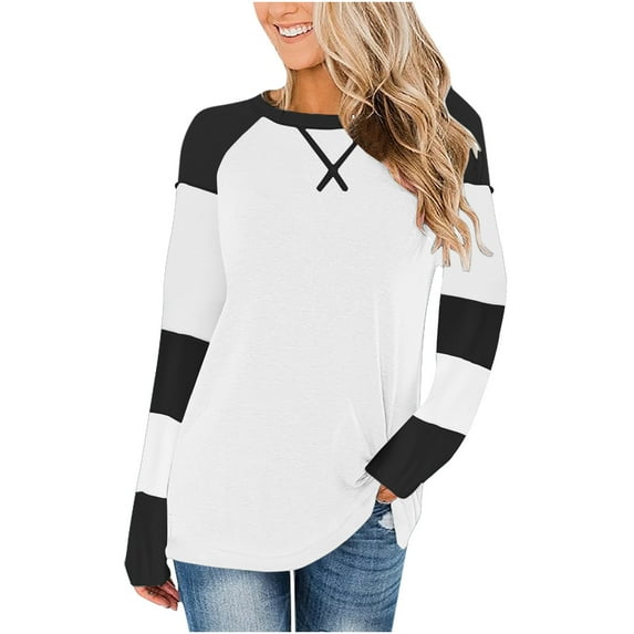 Summer Tops for Women LEBONYARD Womens Sweaters Dressy Casual,Womens Tops Long Sleeve Clearance under $5,Women's Casual Loose Color Matching Round Neck T-shirt Top Long Sleeved Top/shirt White L