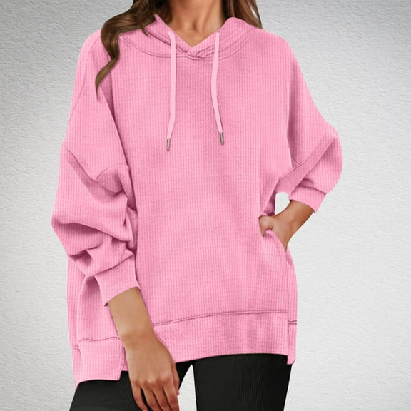 LEBONYARD Womens Sweatshirts V Neck,Women's Solid Color Casual Long Sleeve Pocket Loose Oversized Hoodies Pullover Sweatshirt Pink S