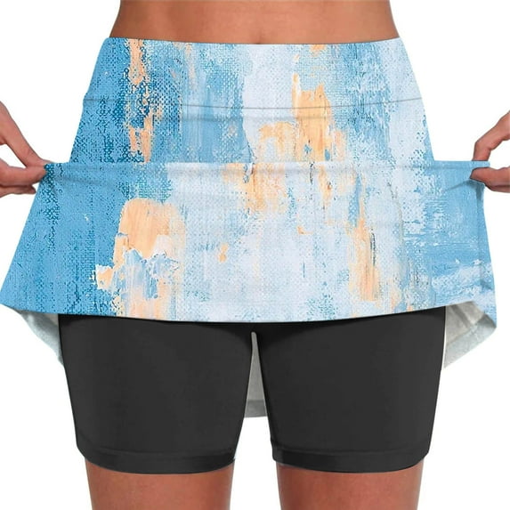 LEBONYARD Womens Tennis Skirts with Shorts,Women's Versatile Yoga Skort,Women's Summer Gradient Color Print Pleated Tennis Skirts Stretchy Yoga Fake Two Piece Shorts Skirt Blue S