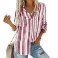 thumbnail image 1 of Summer Tops LEBONYARD Womens Tops 3/4 Length Sleeve,Womens Fashion V Neck Striped Roll Up Sleeve Blouses Tops with Pocket Loose Shirt Wine L, 1 of 9