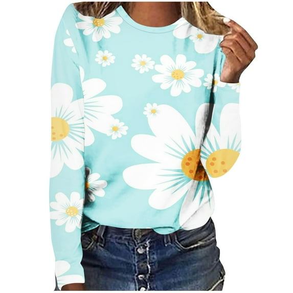 LEBONYARD Womens Tops Casual Clearance,Fall Fashion Plus Size Tops Clearance under $5 Save up under 50%,Women's Fashion Loose Long Sleeve Round-Neck Blouse Printing Tops Multicolor M