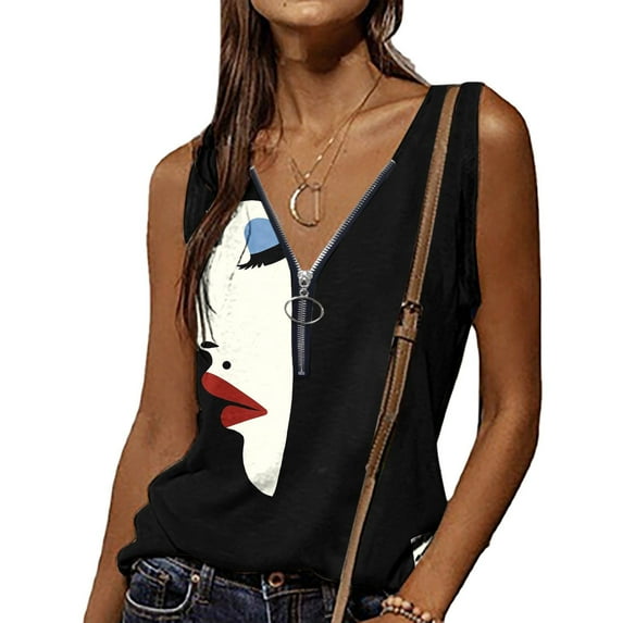 LEBONYARD Womens Tops Casual Clearance,Women Fashion Summer Sexy Fold Printed Regular Sleeveless V Neck Button Top Black L