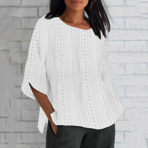Workout Tops for Women LEBONYARD Womens Tops Casual Clearance,Women's Summer Fashion Cropped Sleeves Round Neck Loose Shirt Blouse 3/4 Sleeve Tops White XL