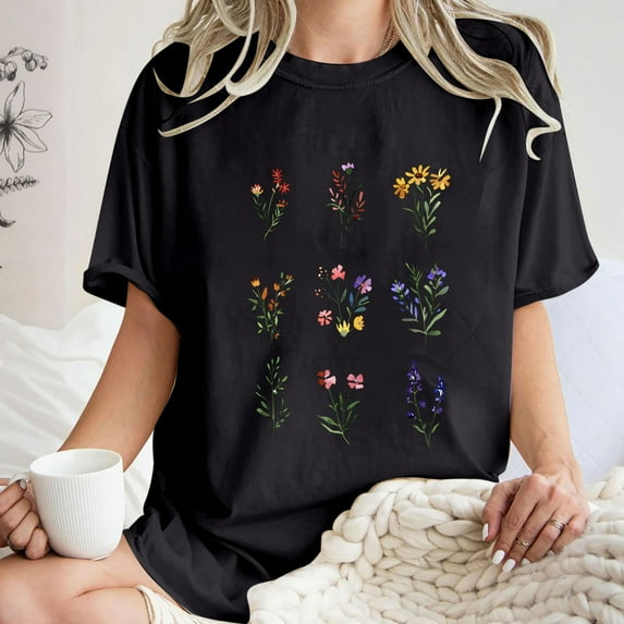 Summer Tops for Women LEBONYARD Womens Tops Clearance under $5,Crew Neck T Shirts for Women,Women's Fashion Summer Round Neck Drop Sleeves Leisure Short Sleeve Flower Printing Tops Black XL