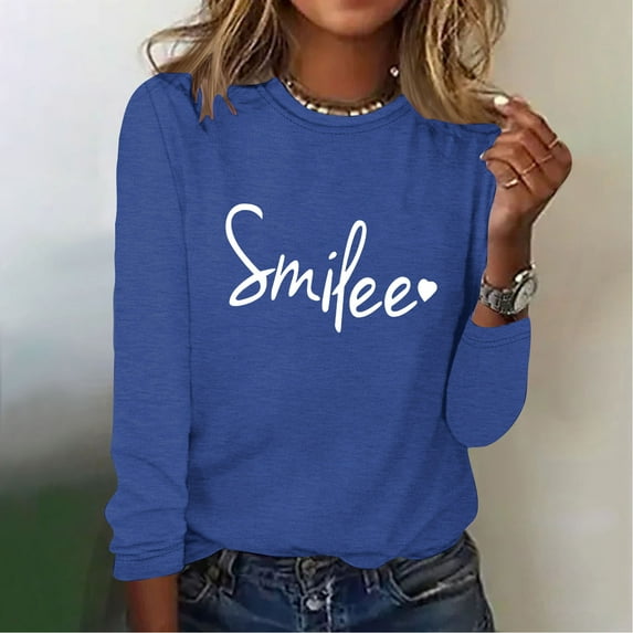 Plus Size Tops for Women LEBONYARD Womens Tops Clearance under $5 Fall Fashion,Women Long Sleeve Printing Round Neck Loose T-Shirt Blouse Tops Blue L