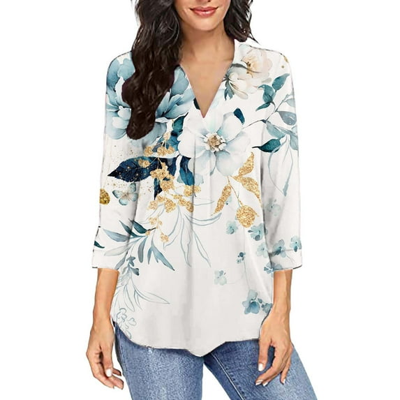 LEBONYARD Womens Tops Clearance under $5,Fall Womens Tops Fashion Summer Saving,Fashion Woman V Neck Three Quarter 3/4Sleeve T Shirt Printing Blouse Tops Sweatshirt White L