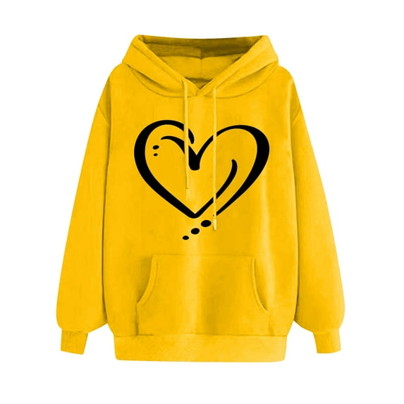 LEBONYARD Womens Tops Clearance,Blouses for Women 2024 Womens Plus Size Clearance $5 Summer,Women's Comfortable Sweater Heart Pattern Printed Women's Hooded Pocket Drawstring Sweater Yellow S