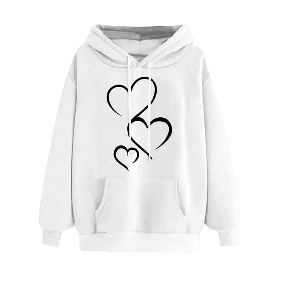 LEBONYARD Womens Tops Clearance,Blouses for Women 2024 Womens Plus Size Clearance $5 Summer,Women's Comfortable Sweater Heart Pattern Printed Women's Hooded Pocket Drawstring Sweater White L