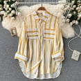thumbnail image 1 of LEBONYARD Womens Tops Clearance under $10,Women's Summer Casual Mid-length Vertical Striped Multi-colored Shirt Yellow S, 1 of 6