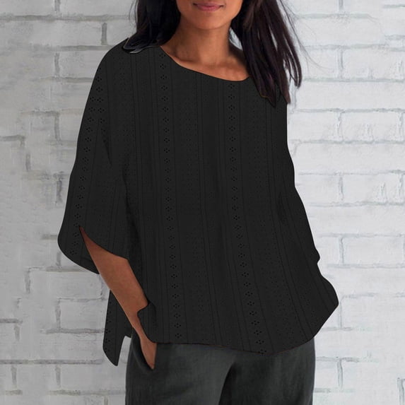 LEBONYARD Womens Tops Clearance under $5,Women's Summer Fashion Cropped Sleeves Round Neck Loose Shirt Blouse 3/4 Sleeve Tops Black XXL