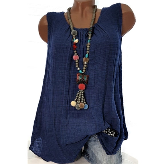 LEBONYARD Womens Tops Dressy Casual,Womens Cotton Linen Sleeveless Baggy T-shirt Vest Tee Blouse Tank Tops Plus Size Blue S