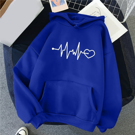 Tops for Women Trendy LEBONYARD Womens Tops Long Sleeve Clearance under $5,Women's Comfortable Sweater Heart Pattern Printed Women's Hooded Pocket Drawstring Sweater Blue XXXL