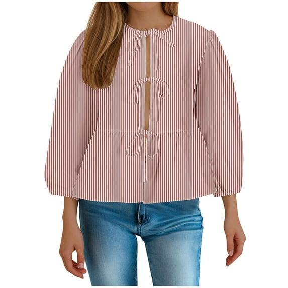LEBONYARD Womens Tops Long Sleeve Clearance Fall Clothes,Long Sleeve Shirts for Women,Women's Long Sleeved Striped Regular Casual Drawstring Shirt With Bubble Sleeve Top Red M