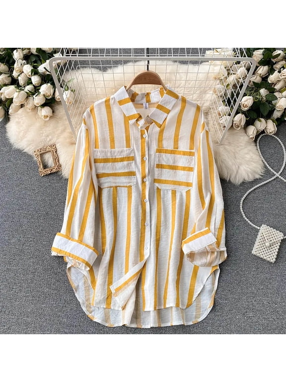 Womens Tops Long Sleeve,Women's Summer Casual Mid-length Vertical Striped Multi-colored Shirt Yellow XL