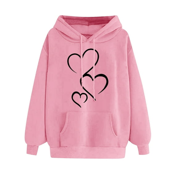 LEBONYARD Womens Tops Long Sleeve Dressy,Long Sleeve T-Shirt for Women Womens Tops Clearance,Women's Comfortable Sweater Heart Pattern Printed Women's Hooded Pocket Drawstring Sweater Pink XXL