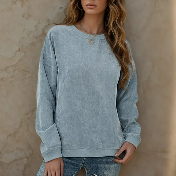 LEBONYARD Womens Tops Long Sleeve Dressy,Women's New Ribbed Hoodie Casual Round Neck Pullover Long Sleeved Top Sky Blue S