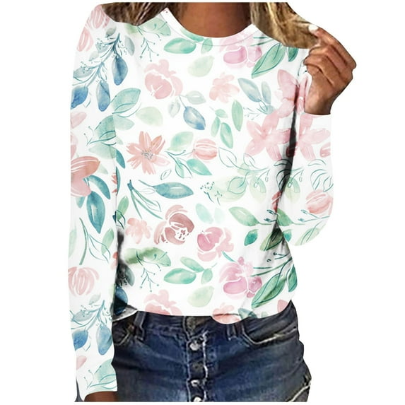 LEBONYARD Womens Tops Long Sleeve Fall Clearance,Long Sleeve Tops for Women Trendy,Women's Fashion Loose Long Sleeve Round-Neck Blouse Printing Tops Multicolor S