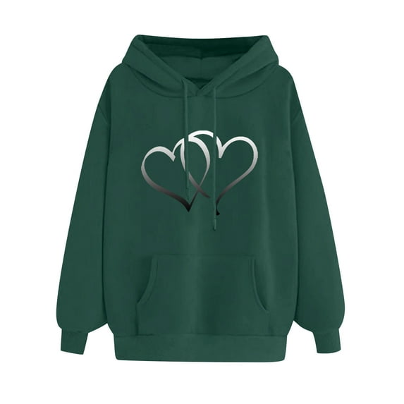 Tops for Women Trendy LEBONYARD Womens Tops Long Sleeve Plus Size,2025 Fall Womens Tops Clearance,Women's Comfortable Sweater Heart Pattern Printed Women's Hooded Pocket Drawstring Sweater Green XXL